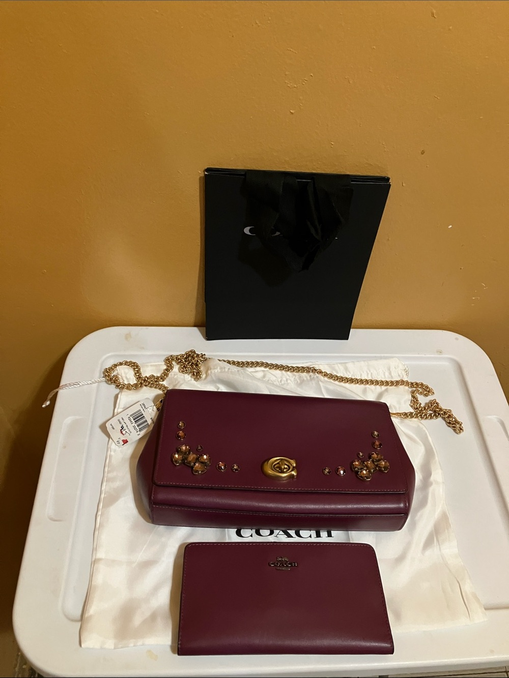 Coach Berry leather with rhinestones clutch Crossbody leaker & gold chain